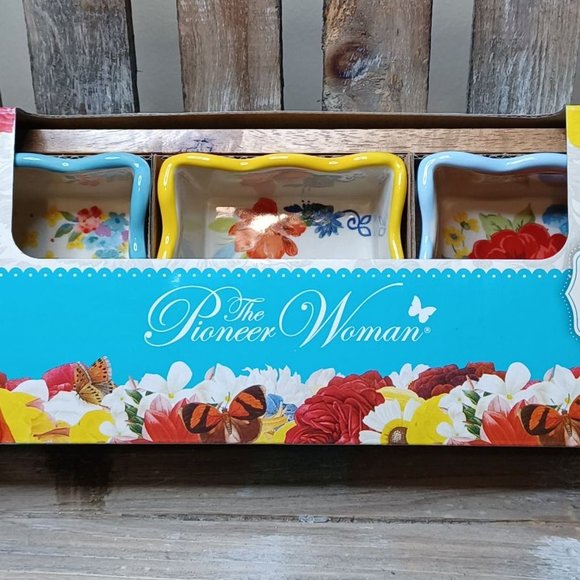 Pioneer Woman Condiment Dish Set with Acacia Wood Tray NEW IN BOX - Picture 7 of 7